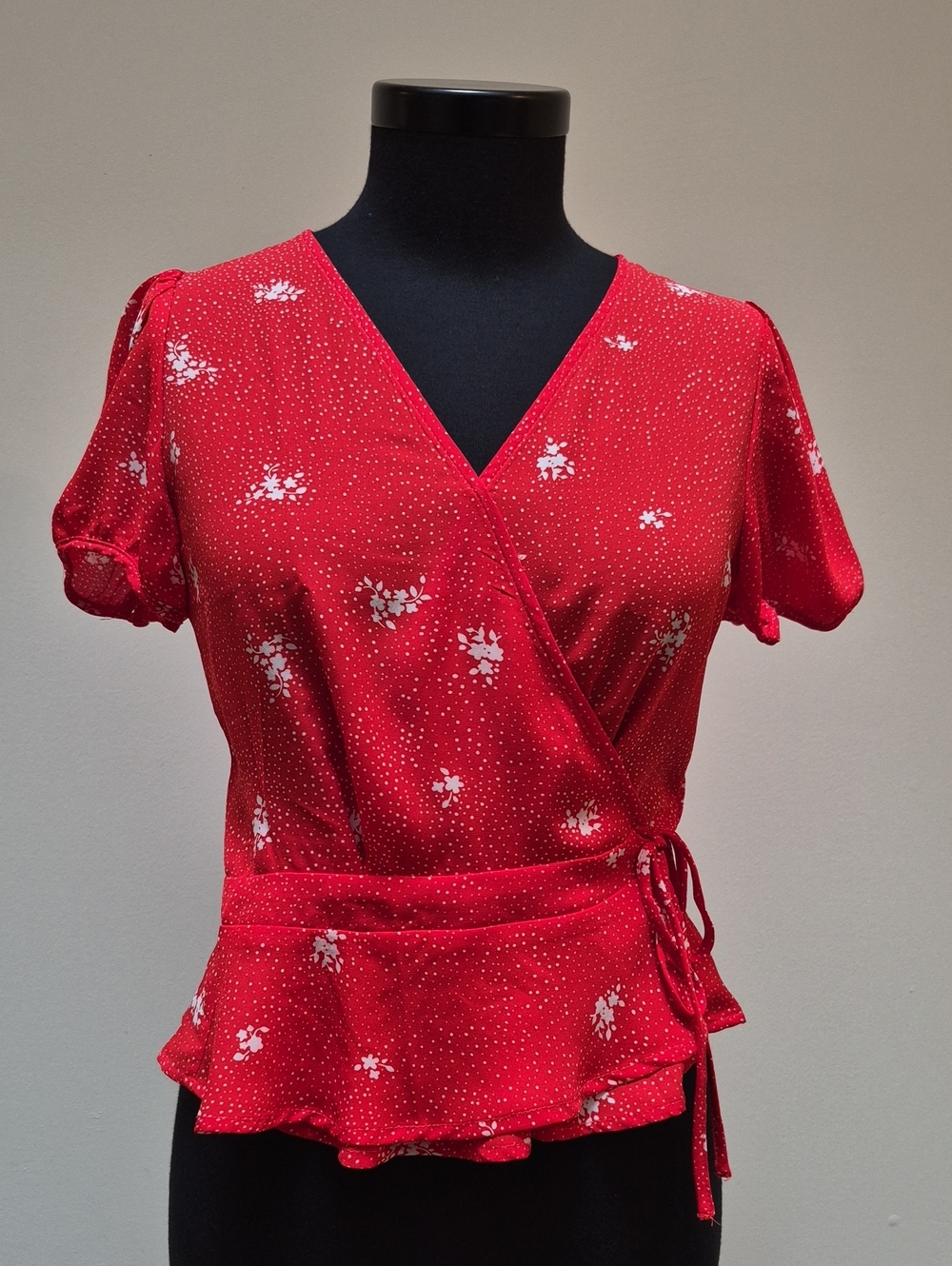 Red Floral Wrap Peplum Blouse with Tie Waist